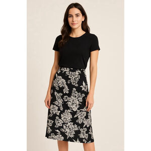 JustFab A-Line Midi Skirt Floral Cottagecore Peasant Black White Lg Belt‎ Loops
